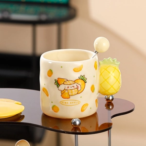 Cute ceramic pineapple mug with matching spoon and lid, features a cartoon rabbit pattern