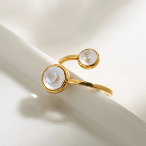 Minimalist 18K gold-plated stainless steel open ring featuring two sparkling white zircons