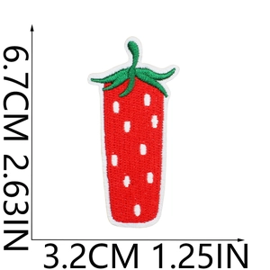 Detailed view of red strawberry embroidered patch with dimensions 6.7cm by 3.2cm
