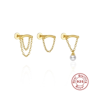 925 Sterling Silver Ear Cartilage Stud Earring With Tassel Double Chain Artificial Pearl Zircon Gold Plated Single Minimalist Trendy