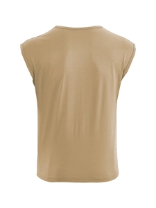 Back view of a khaki men's sleeveless cotton T-shirt with a round neck and plain design