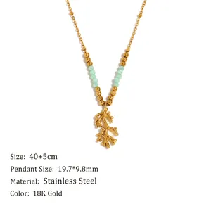 18K gold plated stainless steel branch pendant necklace with green natural stone beads