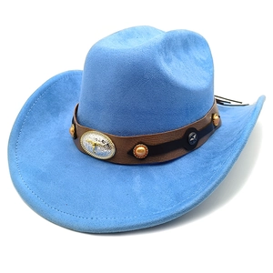 Detail of light blue faux suede cowboy hat with bull head emblem and amber beads