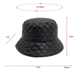 Ultralight black quilted bucket hat for women with diamond pattern and warm padding