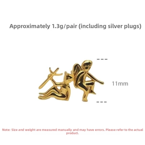 Detailed size view of gold angel stud earrings showing 11mm height and 1.3g weight
