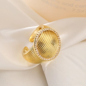 18K gold plated wide open ring with wave patterns and micro zircon disc setting