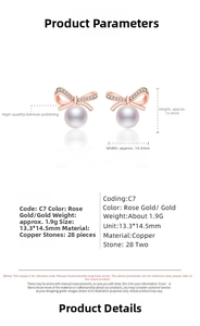 Macro detail of rose gold bow earrings featuring zircon stones and a round white pearl