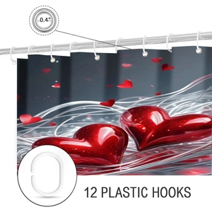 Detail view of 3D waffle fabric shower curtain with red hearts and 12 plastic hooks