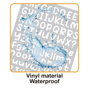Close-up of waterproof vinyl alphabet stickers showing water resistance and durability