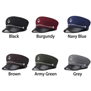 Classic anchor military caps in multiple colors featuring leather brims and metal chains