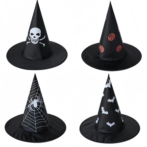 Detail showing four Halloween witch hats with skull, pumpkin, spider web, and bat patterns
