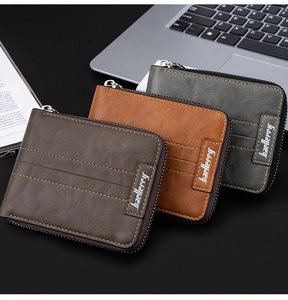 Three premium RFID leather wallets in brown and grey colors for business men