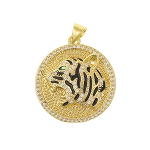 Golden round pendant featuring a 3D tiger head design with green eyes and sparkling zircons