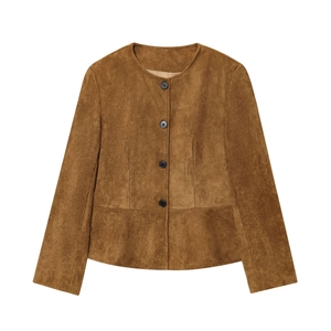 Caramel Women Faux Suede Jacket Round Neck Long Sleeve Button Up A-Line Hem Casual Solid Outerwear