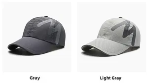 Detail of grey and light grey sports caps with breathable mesh and reflective M logo