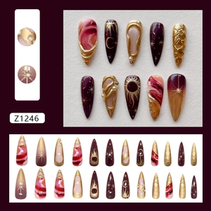 Celestial 3D press-on nails with purple gradient and gold star patterns, set of 24