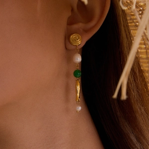 18K gold plated stainless steel fish earrings with green agate and freshwater pearls