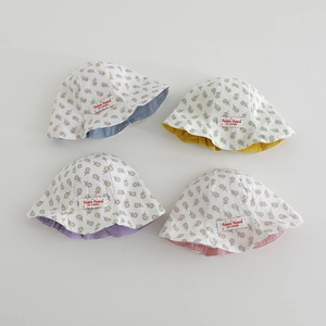 Floral reversible cotton sun hats for infants with soft brim in four pastel colors