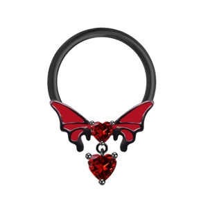 Gothic black bat heart navel ring with red zircon wings and dangling heart charm