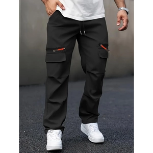 Men's black cargo pants with multiple pockets and distinct orange zipper details