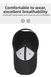 Close-up of black distressed cotton baseball cap showing breathable inner fabric and buckle
