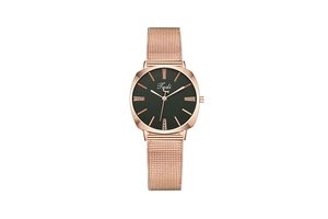 Detailed macro view of the rose gold milanese mesh strap and rhinestone studded watch dial