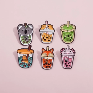 Cute set of six animal bubble tea enamel pins featuring frog, fox and capybara designs