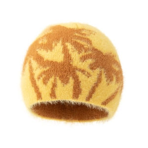Fuzzy yellow knit beanie featuring brown palm tree patterns for winter warmth