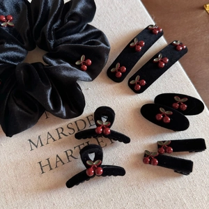 Vintage black velvet hair accessory set with 3D red cherry designs and gold clips