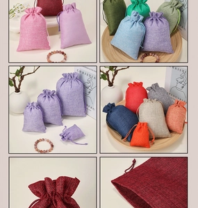 Linen drawstring pouches in various colors and sizes for jewelry and gift storage