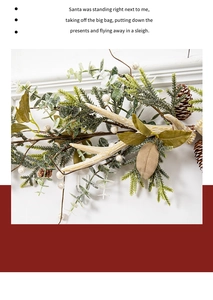 Detail of Christmas garland with faux antlers, pine needles, cones, and white berries