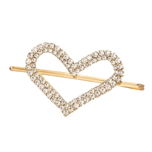 Elegant gold heart-shaped hair clip with shimmering rhinestones on white background