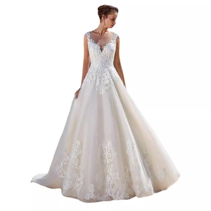 Ivory lace A-line wedding dress with deep V-neck and floral embroidery detailing