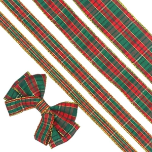 Christmas plaid ribbon with gold edges and handmade bow for gift packaging decoration