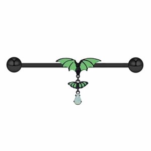 Macro detail of bat industrial barbell with green enamel and white teardrop pendant
