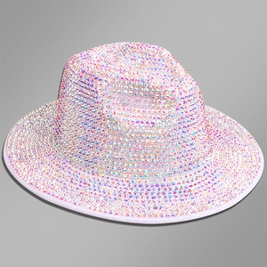 Close-up of sparkling disco bucket hat covered in dense rhinestones with crystal shine