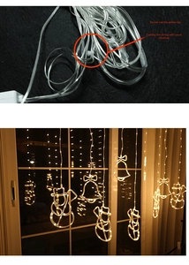 Detail of LED curtain lights showing white safety clips and warm yellow snowman ornaments