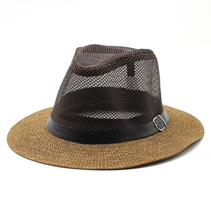 Detail of summer mesh fedora featuring brown straw brim and breathable hollow top mesh