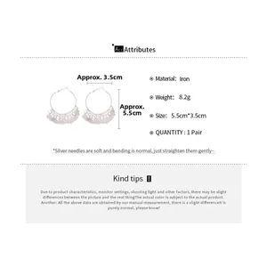 Silver sequin tassel hoop earrings specification showing size 5.5x3.5cm and iron material