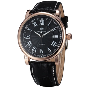 Forsining automatic mechanical men's watch with rose gold case and black leather strap