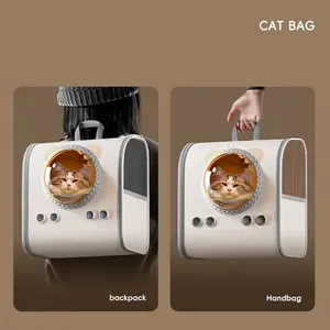 Zaino trasportino per gatti in ecopelle beige con oblò e rete traspirante per viaggio