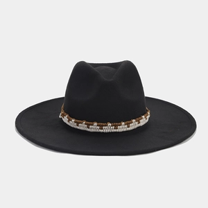 Detail of black fedora hat with woven geometric pattern band and wool felt texture