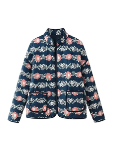 Detail of navy blue floral quilted jacket featuring stand collar and stitched pockets