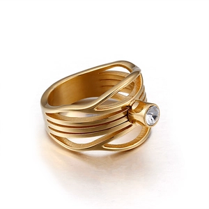 Minimalist gold titanium steel multi-layer open ring with a single white zircon gemstone