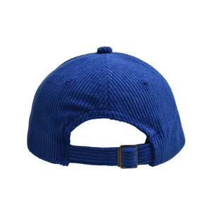 Rear view of blue corduroy baseball cap with adjustable metal buckle detail