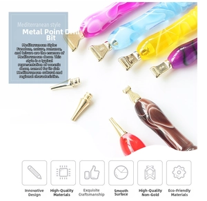 Detail view of colorful resin diamond painting pens with multiple gold metal replacement tips