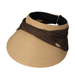 Women's straw woven open top sun hat with brown fabric twist and metal detail