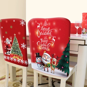 Red Christmas chair covers with Santa and Reindeer patterns for dining room decor