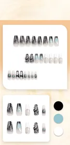 Detailed close-up of long coffin press-on nails with 3D silver dragon and rhinestone accents