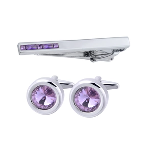 Men's silver tie clip and cufflinks set with elegant rectangular purple crystals